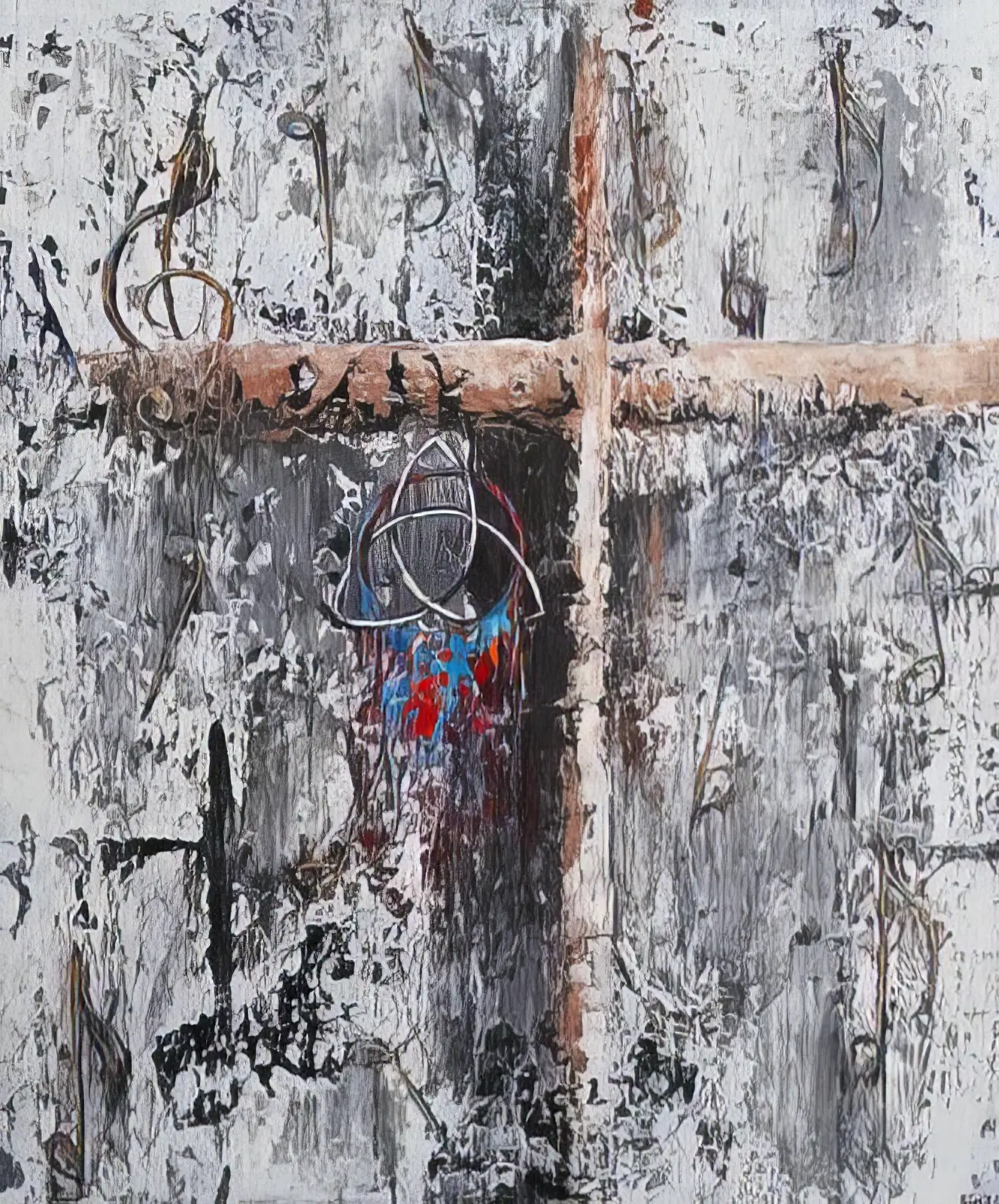 A weathered painted cross on a distressed white and grey canvas